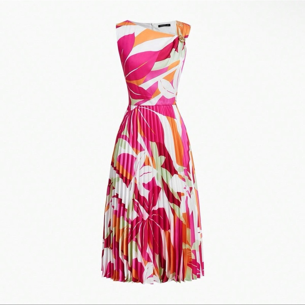 MOTF Floral Pleated Asymmetrical Neck Midi Dress | Size M | NWT